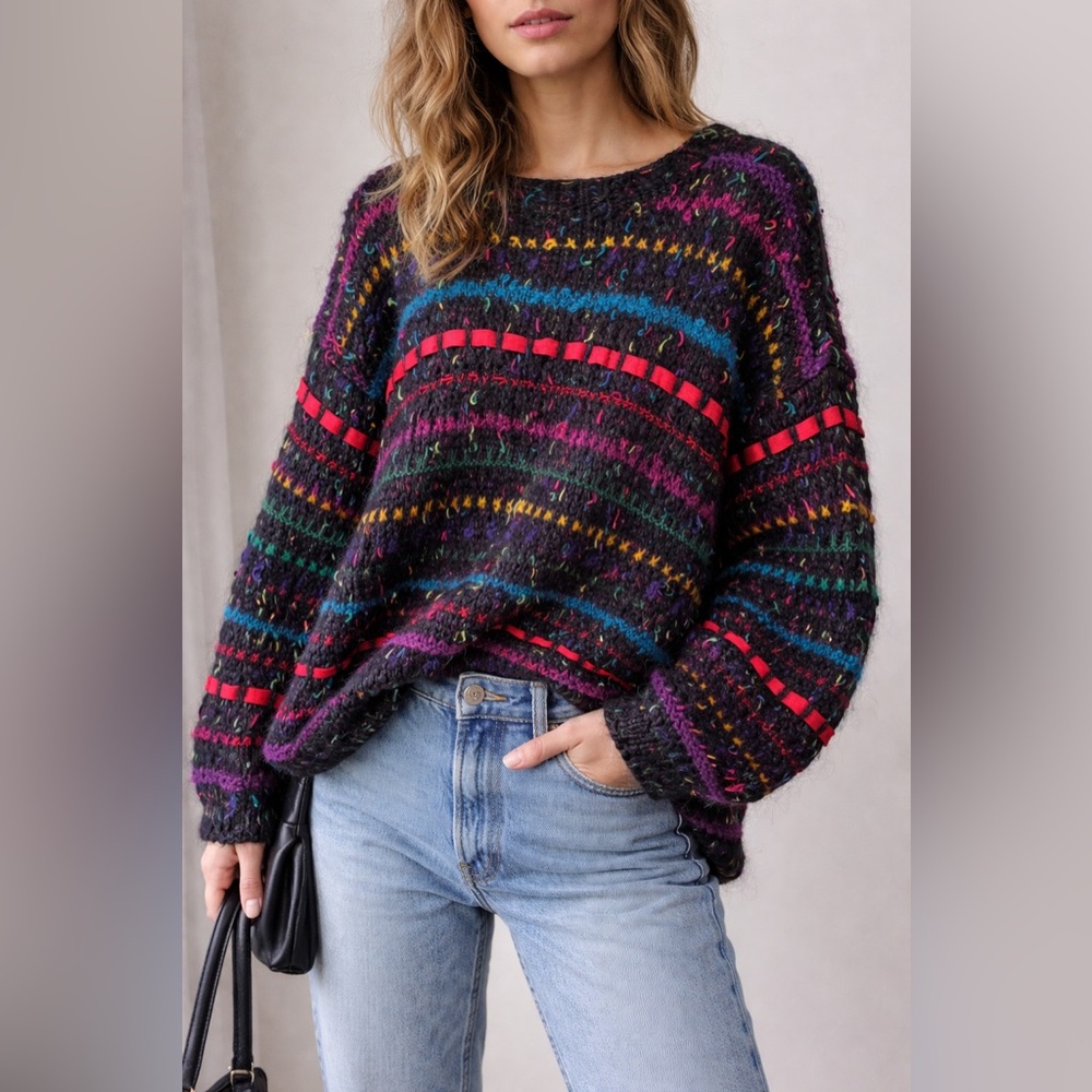 Vintage Hand Knit Jennifer Reed Confetti Sweater Black Multicolor Ribbon 80s 90s